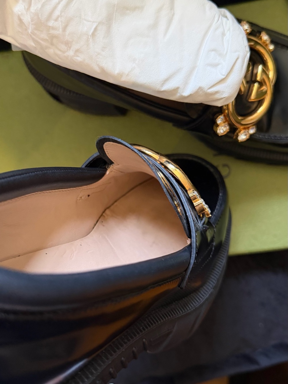 Gucci Patent Leather Magnum Platform Loafers with Gold GG and Crystal Details - Picture 6 of 7